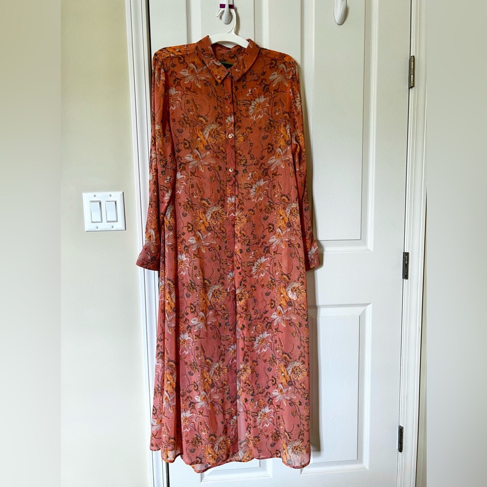 Sheer, melon orange floral button down, Maxi duster with long sleeves. C. Wonder
